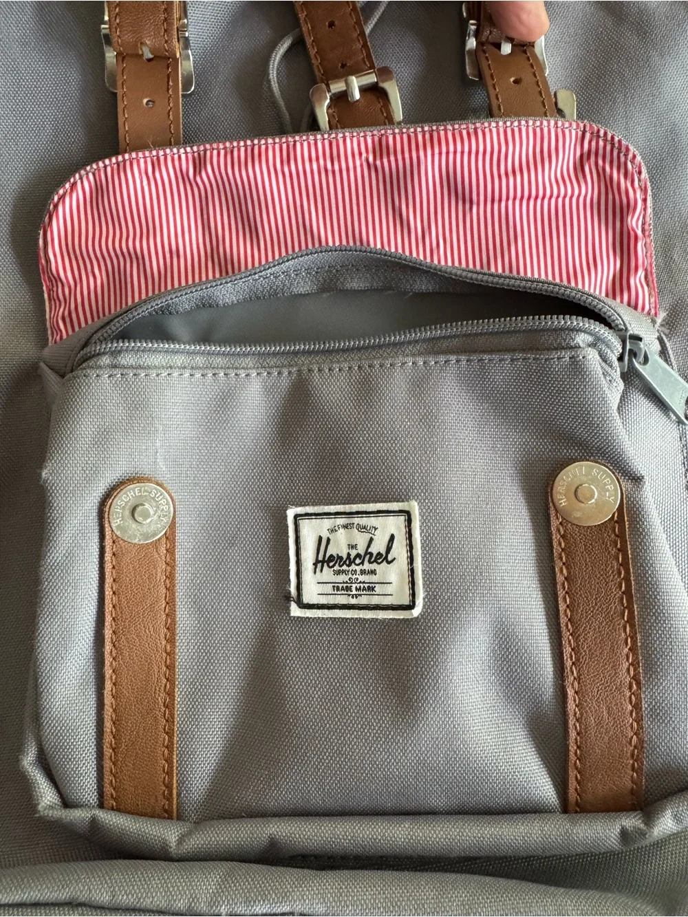 Herschel Supply Company Gray Backpack with Brown Straps and Pink Accents